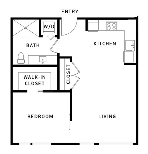 A black and white image of a floor plan for a small apartment.